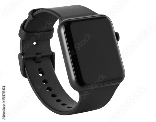  wrist smart watch mockup with black strap, png file of isolated cutout object with shadow on transparent background.