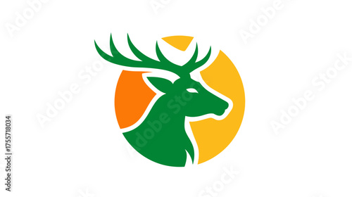 Green stag head silhouette on orange & yellow circle, white background