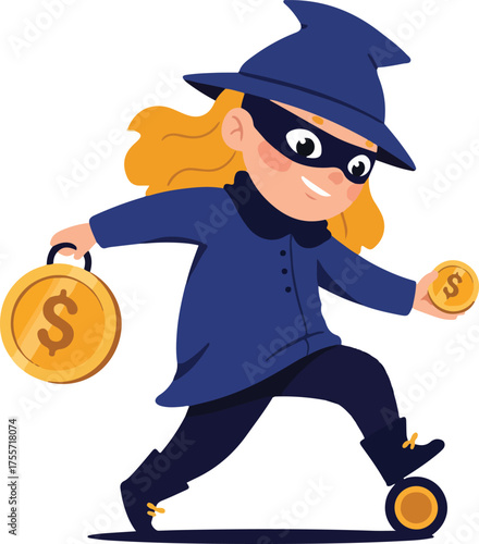 Thief character on a unicycle, confidently balancing coins. Perfect for financial concepts or whimsical designs requiring a touch of mischief.