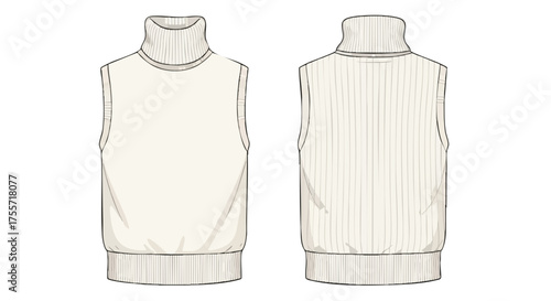 Technical flat sketch of a sleeveless turtleneck sweater vest showcasing front and back views for fashion design and product development