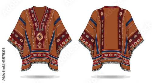 Artistic rendering showcasing a traditional brown poncho adorned with ethnic inspired patterns on a white background