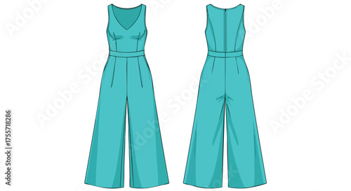 Stylish teal wide-leg jumpsuit technical fashion illustration showcasing both the front and back design features for fashion designers and