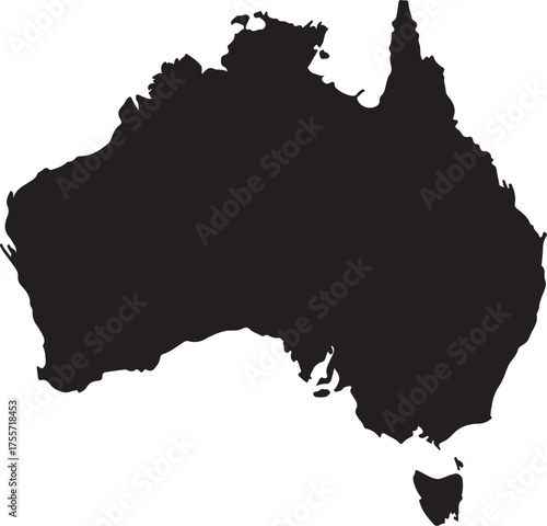 Black silhouette of the continent of Australia with Tasmania on a white background black and white also transparent background