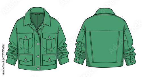 Technical fashion drawing showcasing a green oversized jacket with pockets and button details presented with front and back views