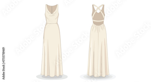 Front and Back Views of an Elegant Cream Gown with a Cowl Neckline and Crisscross Back Design Illustration