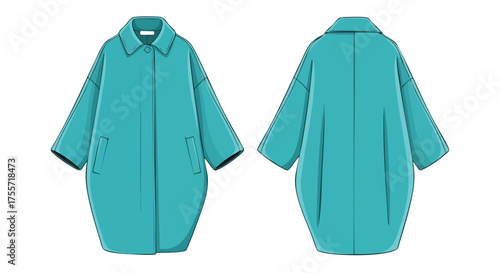 Teal Cocoon Coat Fashion Illustration Featuring Front and Back Views on a Clean White Backdrop Visualizing Design and Style