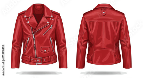 Detailed vector illustration of a vibrant red leather biker jacket, front and back view, showcasing intricate design elements and realistic texture