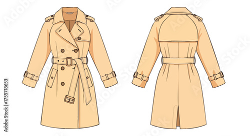 Illustration of a Classic Beige Trench Coat, Front and Back View, Style and Fashion Forward Design, Detailed and Meticulous Presentation, Trendy Look