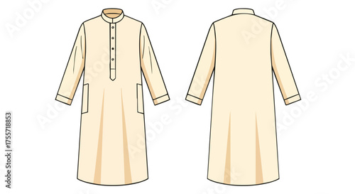 Technical illustration showcasing a classic long-sleeved kurta design with front placket and pockets against a plain background