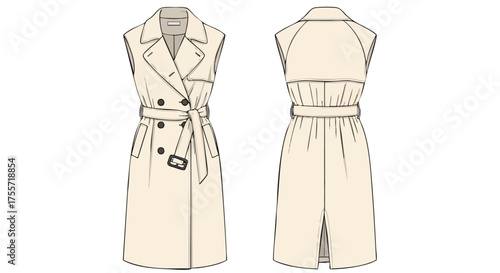 Sleeveless trench coat design illustration: a fashion forward and contemporary garment outline showing both the front and back views