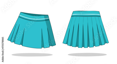 Illustration showcasing two pleated turquoise skirts with white stripes, evoking a playful and spirited youthful fashion apparel design element and