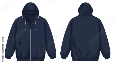 Stylized navy hooded jacket illustration showcasing front and back views for fashion visualization and design mockup purposes