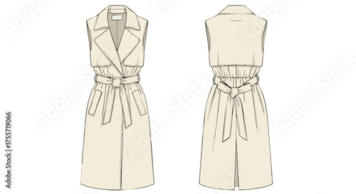 Sleeveless belted trench coat illustration showcasing both the front and back design details impeccably