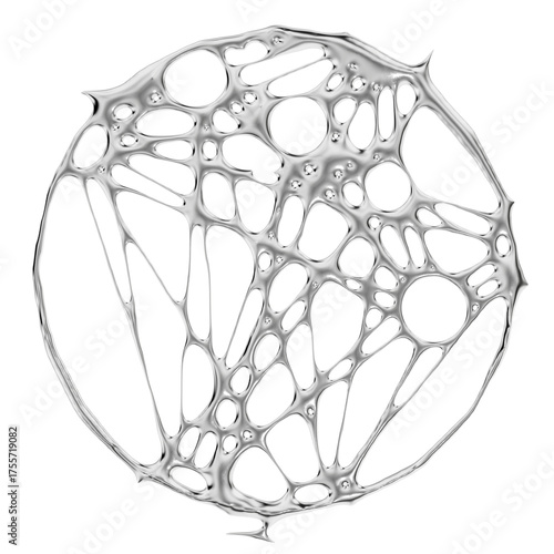 A 3D render of a chrome portal or circular frame. The liquid metal web structure suggests a futuristic, cosmic gateway or object.