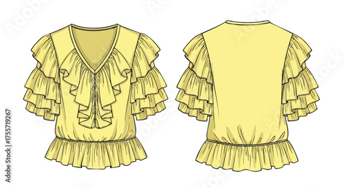 Stylish yellow blouse technical drawing showcasing front and back design with ruffled details and a cinched waistline fashion illustration