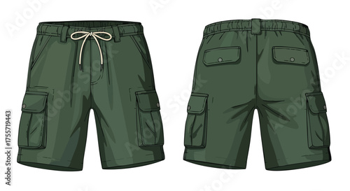 Illustration depicting front and back views of comfortable green cargo shorts showcasing multiple pockets and practical design
