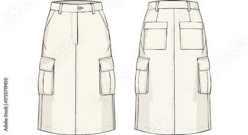Technical drawing showcases a modern cream-colored midi cargo skirt design with clean lines for fashion and design applications