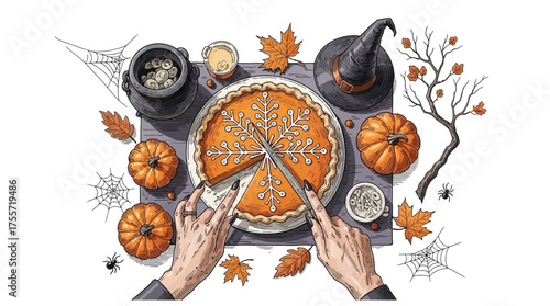 happy halloween illustration. set of halloween dishes. flat lay style