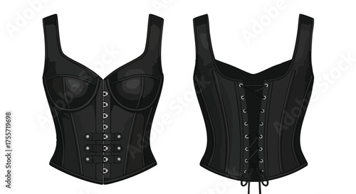 Detailed vector illustration showcasing the front and back views of a black corset style top with straps and laced closure providing a complete