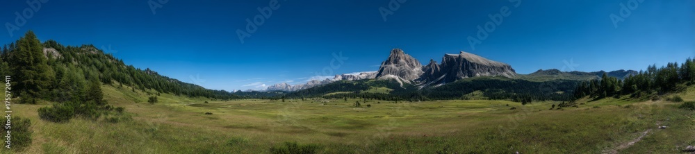 Fototapeta premium Panoramic hdr view of majestic mountains and lush meadows in nature