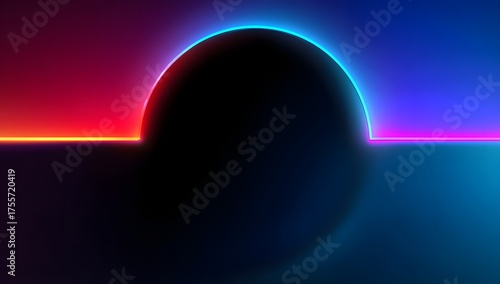 Abstract dark oval form illuminated by vibrant neon edge lighting in a futuristic digital landscape