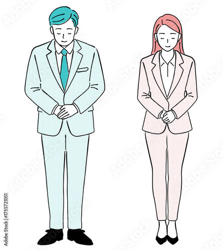 丁寧にお辞儀をする男女（ビジネスマン）の線画イラスト,挨拶,お礼,謝罪,接客,全身