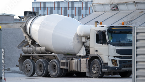 Concrete mixer truck at construction materials plant