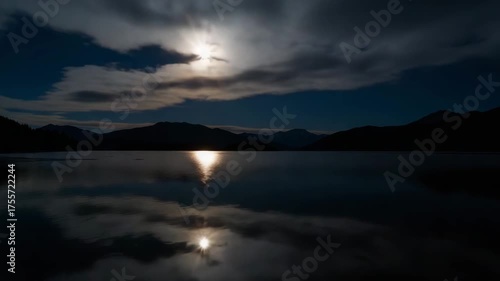 Moonlight reflected on lake with mountains and clouds at night  