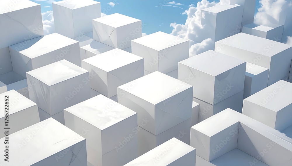 Fototapeta premium Abstract 3D landscape with white cube structures against a blue sky