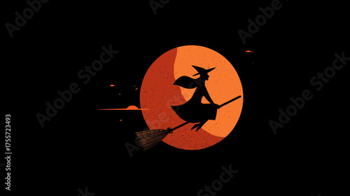 Silhouette of a witch flying on a broomstick against a textured orange moon