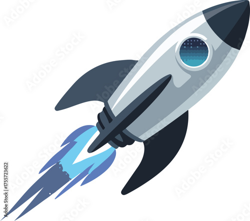 Illustrated cartoon rocket ship blasting off with flames isolated on white background
