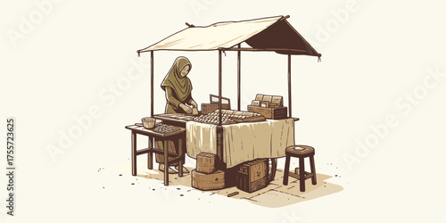 Market Stall Vendor Illustration Authentic street food scene under canopy
