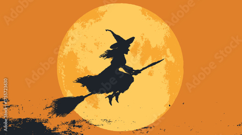 Silhouette of a witch flying on a broomstick against a large full moon