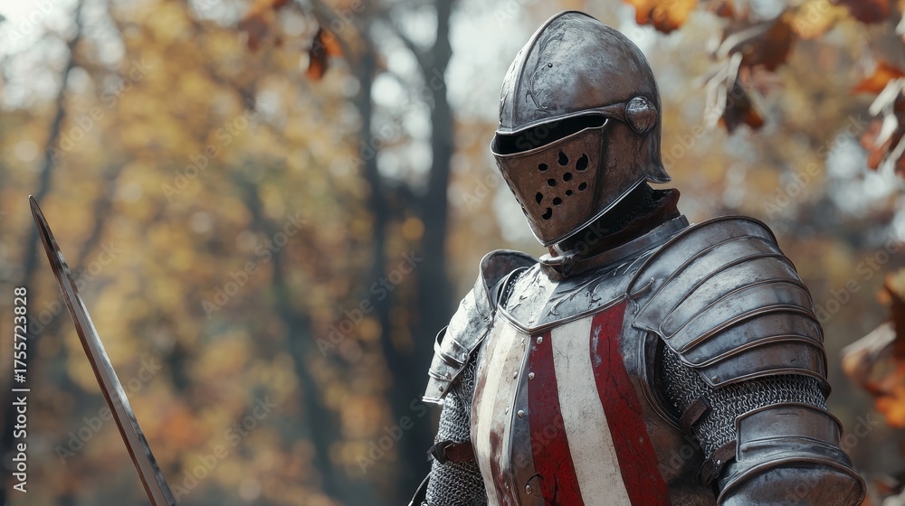 Fototapeta premium A reconstructed medieval jousting tournament includes a detailed inventory of knights and protective gear, all carefully handmade by craftsmen, yet possessing no historical worth