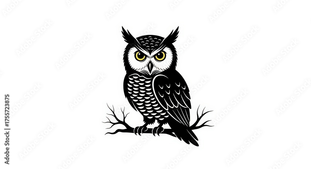 Obraz premium Illustration of an owl perched on a branch with detailed feather patterns and piercing yellow eyes.