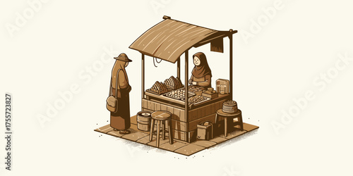 Medieval Market Scene A Vendor Sells Wares to a Customer at a Rustic Stall