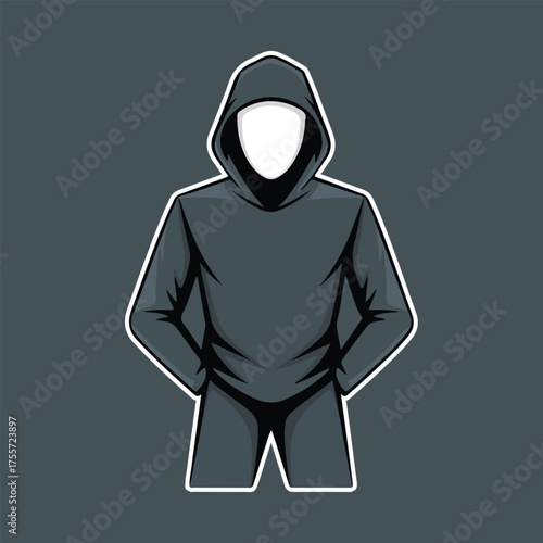 Illustration of a person wearing a hooded sweatshirt with a blank white face
