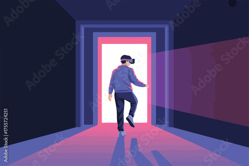 Person wearing vr headset walking through a futuristic corridor with light