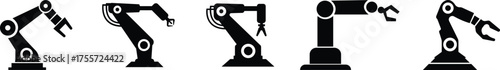 Robotic Arm Icon Set and Industrial Automation Vector Collection Group of Mechanical Robot Hand, Factory Machine, Engineering Technology Symbol in Black Flat Style