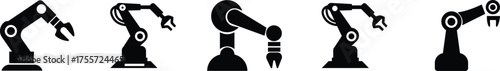 Robotic Arm Icon Set and Industrial Automation Vector Collection Group of Mechanical Robot Hand, Factory Machine, Engineering Technology Symbol in Black Flat Style