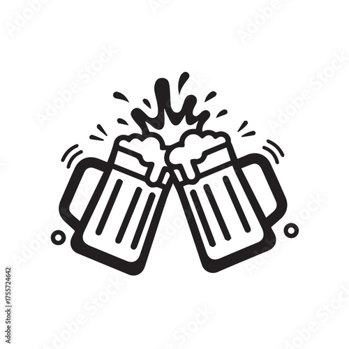 Two mugs of beer clinking together in a festive black and white sketch