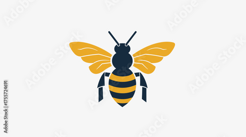 Stylized bee with yellow wings and black-and-yellow striped body