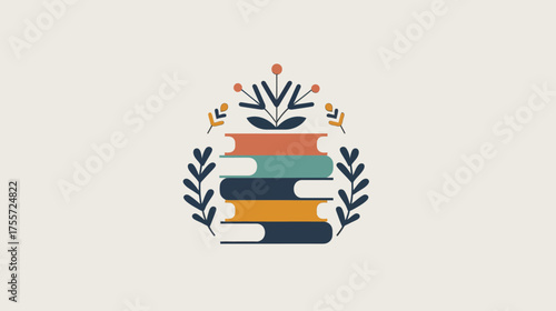 A stack of colorful books is adorned with decorative foliage and berries