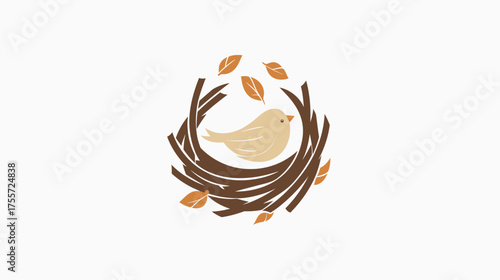 A stylized bird rests in a nest of brown branches with scattered autumn leaves