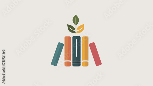 A row of colorful books with a sprouting plant emerging from the top