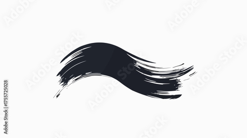 A dark, fluid brushstroke sweeps across a white background, with texture