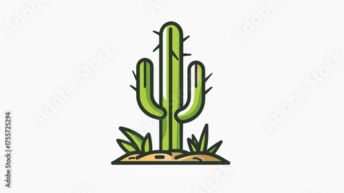 Green cartoon cactus with spikes and desert plants on sand