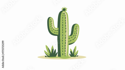 Cartoon Saguaro cactus with arms and small green shrubs on tan ground