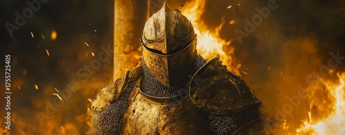 An armored medieval knight is portrayed with a fiery background, representing fearlessness and a glimpse into history
