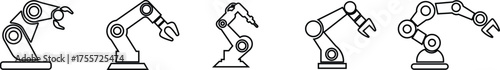 Robotic Arm Icon Set and Industrial Automation Vector Collection Group of Mechanical Robot Hand, Factory Machine, Engineering Technology Symbol in Black Line Style